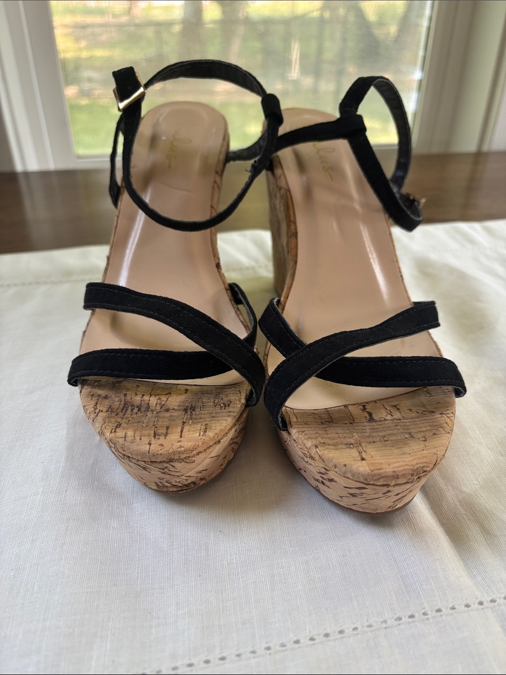Lulu's Black Cork Platform Wedge Sandals